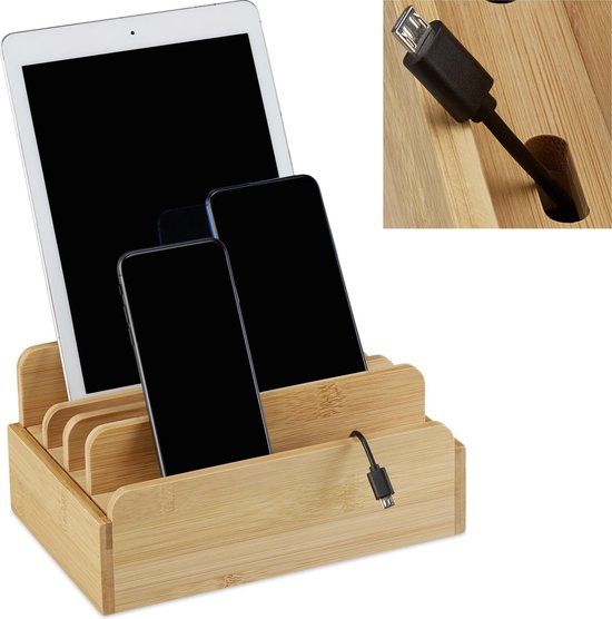 Relaxdays Laadstation bamboe - voor meerdere apparaten - tablet en smartphone - kabelbox organizer - naturel