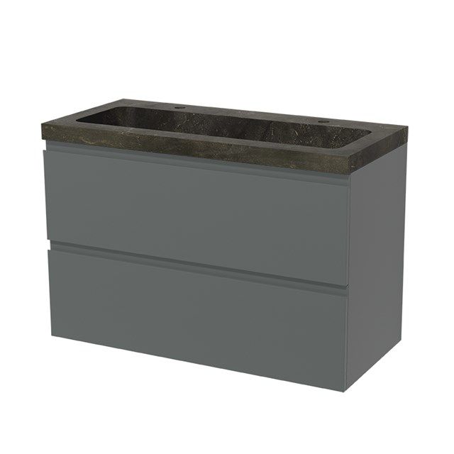 Maxaro Badkamermeubel 100cm Modulo Middengrijs 2 Lades Greeploos Wastafel Natuursteen Blue Stone