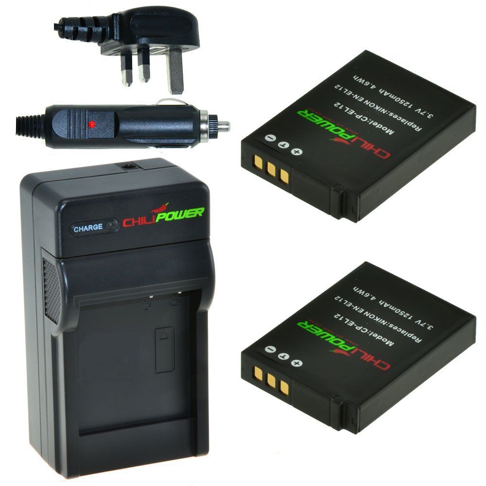 ChiliPower 2 x EN-EL12 accu's voor Nikon - Charger Kit + car-charger - UK version