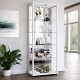 K-Möbel Vitrinekast met glas staand met 2 deuren, 4 in hoogte verstelbare glasplanken, spiegel & slot - Vitrinekast met led verlichting - 176x67x33 cm - Wit