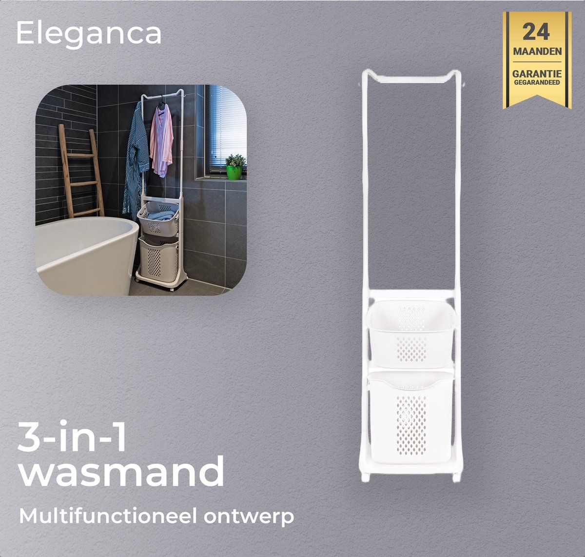 Eleganca wasmand met ophangrek - Wasbox organizer - Wassorteerder met 2 vakken - Kunststof/Metaal - Wit
