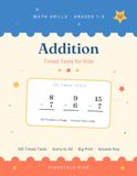 Addition Timed Tests for Kids: 100 Days of Math Drills · Grades 1-3 · Sums to 40 — Big Print, 40 Problems a Page, with a Complete Answer Key
