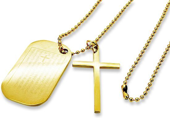 Amanto Ketting Djacky Gold - Heren - 316L Staal Goud PVD - Dogtag - Kruis - 46 x 28 mm - 70 cm