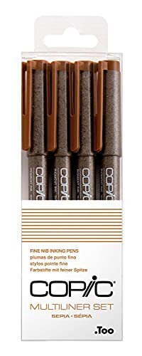 Copic Multiliner Set Sepia, 4 pennen in 4 verschillende lijndiktes, tekenstiften met water- en alcoholbestendige pigmentinkt, voor schetsen, illustraties en outlines