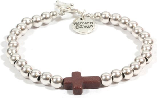 Heaven Eleven dames Armband RVS kralen - bruin kruisje