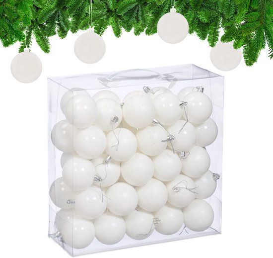 Relaxdays kerstballen set van 50 - Ø 6 cm - kunststof - onbreekbaar - wit