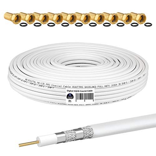 HB-DIGITAL 50m Coaxkabel HQ-135 Antennekabel 135dB SAT-kabel 8K 4K UHD 4-Voudig Afgeschermd voor DVB-S / S2 DVB-C / C2 DVB-T / T2 DAB+ Radio BK-Systemen + 10 F-Stekker GRATIS