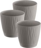 Prosperplast Pot/pot de fleurs Waves - 3x pièces - plastique - gris pierre - D13 x H12 cm - intérieur/extérieur - avec soucoupe