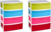 PLASTICFORTE 2x stuks ladekast/organizer met 4 lades wit/multi kleuren - 40 x 56 x 80 cm