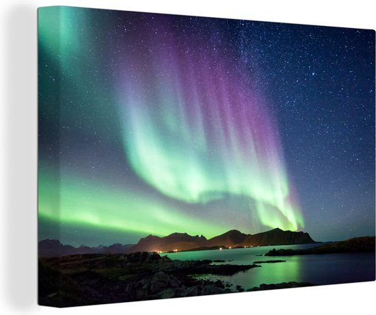 OneMillionCanvasses Canvas schilderij 150x100 cm - Kleurrijk noorderlicht - Wanddecoratie