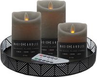 LED kaarsen - 3x st - grijs - met zwart rond dienblad/kaarsenbord 29,5 cm - metaal