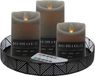 LED kaarsen - 3x st - grijs - met zwart rond dienblad/kaarsenbord 29,5 cm - metaal