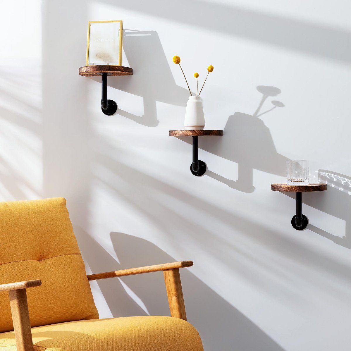 Navaris Wandplank - Set van 3 - Ronde Houten Planken - Industrieel Design - Bruin