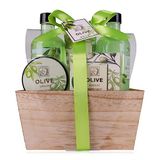 Accentra - doucheset dames cadeauset OLIJF in mooie houten kist - 5-delige verzorgingsset met douchegel, bubbelbad, bodylotion, bodypeeling en badzout - wellness cadeauset voor een verjaardag