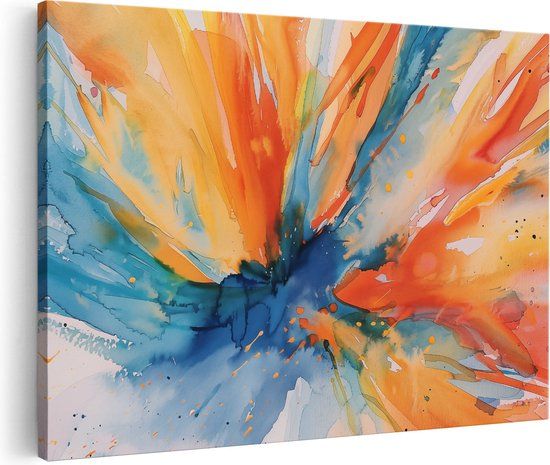Artaza Canvas Schilderij Aquarelkunstwerk van een Blauwe, Oranje en Gele Explosie - 120x80 cm - Canvas Print
