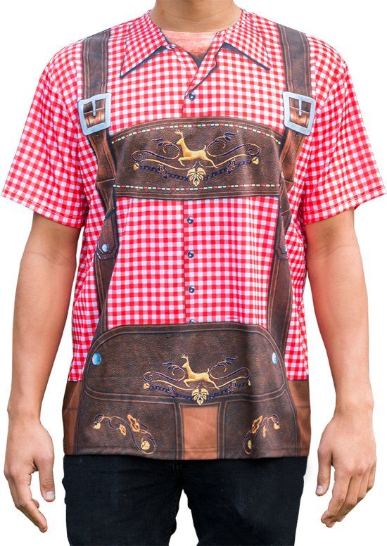 partychimp Lederhose T-shirt - Oktoberfest - Rood - Maat L