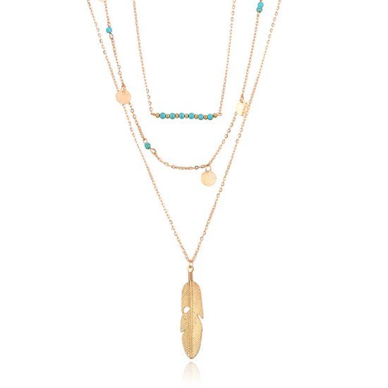 LGT JWLS Lookinggoodtoday Gelaagde goudkleurige ketting veer muntjes en bedels