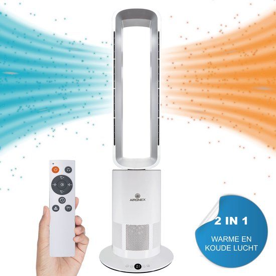 Aironex BF1 | Bladloze Torenventilator | 2000W | Keramische Kachel | Wit/Grijs