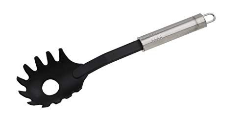 FACKELMANN Spaghettilepel 30 cm ovaal handvat, pastalepel van roestvrij staal en kunststof, keukenhulp voor gecoate pannen en potten (zilver/zwart)