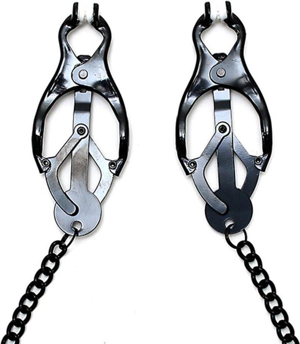 Rimba Bondage Play Japanse Clover Tepelklemmen met ketting - zwart