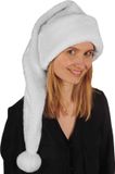 Merkloos Luxe lange kerstmuts wit/zilver van pluche pour adultes 75 cm