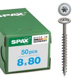 SPAX Houtconstructie Schroef, Discuskop, 8 x 80 mm, 50 Stuks, Voldraad, T-STAR plus T40, 4CUT, RVS A2