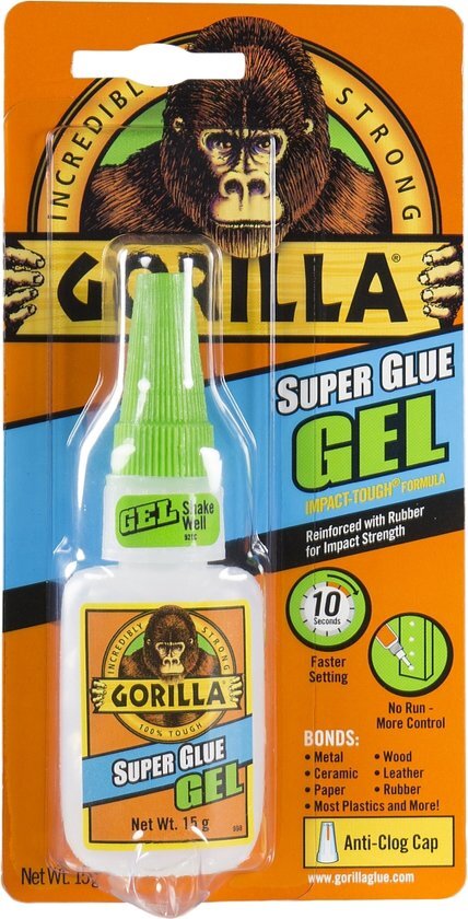 Gorilla Glue Gorilla Superglue Gel De sterkste en meest veelzijdige lijm die er is. Gorilla Super Glue is een instant lijm die in slechts 10 seconden droogt