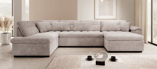 Meubella Nicoreta Hoekbank - Beige Ribstof - Rechts - 350x205x76 cm