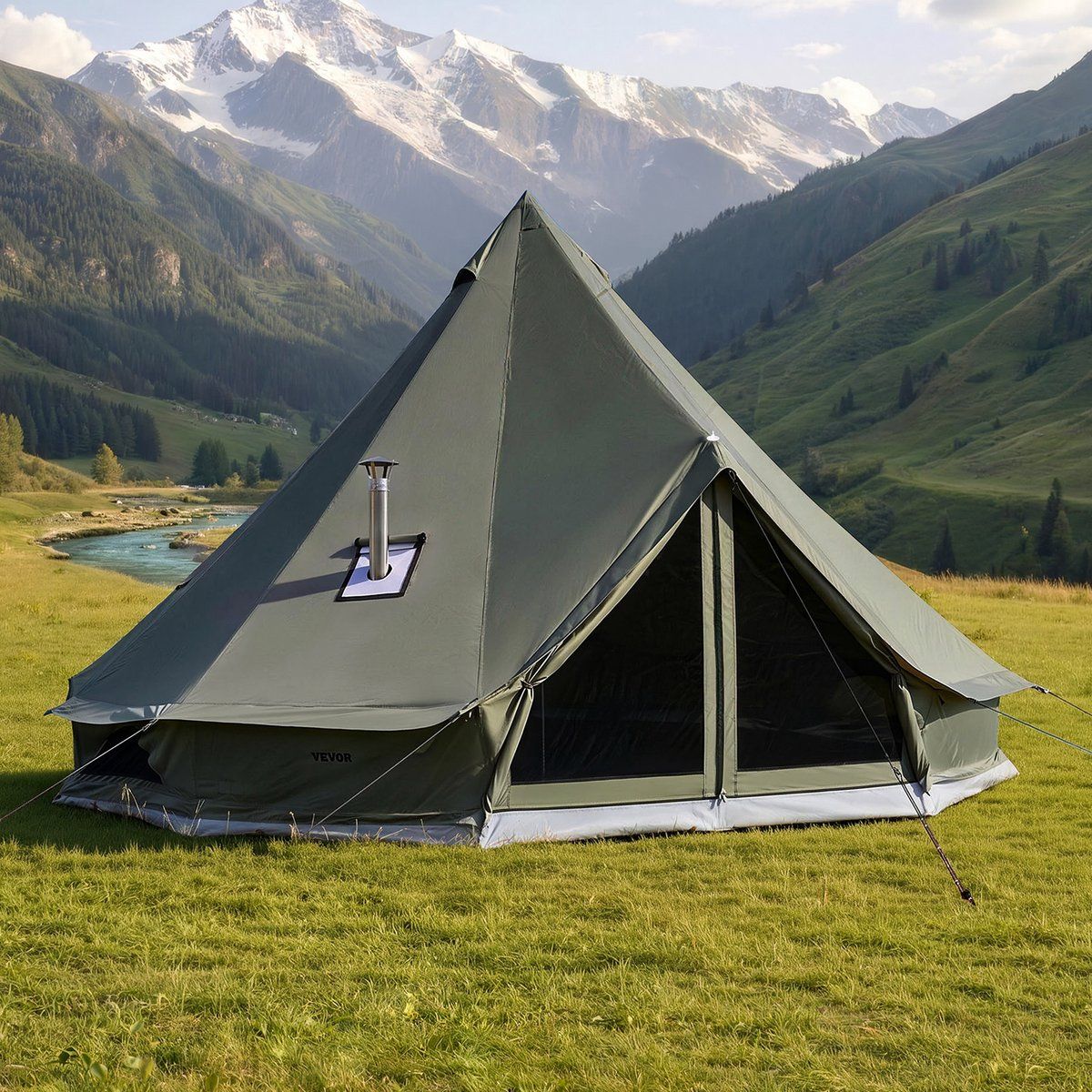 VEVOR Canvas Bell Tent, 3m Yurt, 4 Seizoenen, met Schoorsteenopening, Slaapruimte voor Maximaal 3 Personen, met Uitneembare Vloer (Ritssluiting), Ideaal voor Gezinskamperen en Buitenactiviteiten, Groen