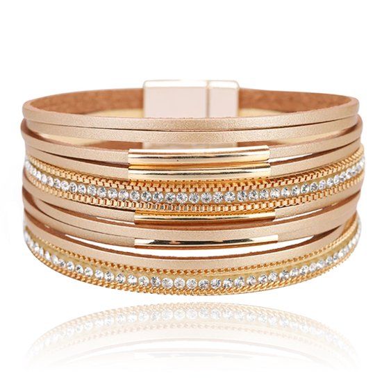 Deja Jewels Leren goudkleurige multilayer dames armband met magneetsluiting en steentjes