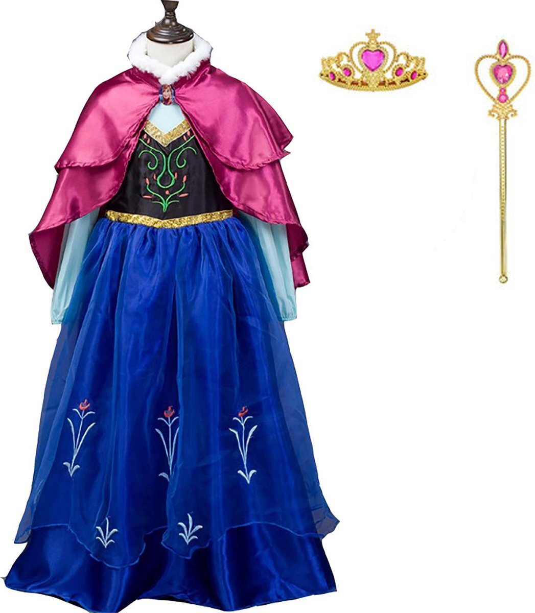 Het Betere Merk Prinsessenjurk meisje - Frozen - Anna jurk blauw roze cape 122/128 (130) + tiara / toverstaf - verkleedkleding meisje - Anna kleed