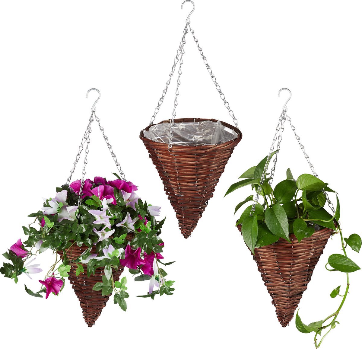 Relaxdays Hangende plantenmand - set van 3 - hangmand - kegelvormig - wilgenhout - bruin