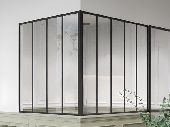 Vente-unique Glazen hoekbinnenraam in gepoederlakt aluminium - Zwart - BAYVIEW L 150 cm x H 130 cm x D 120 cm