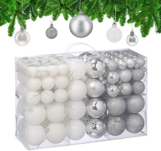 Relaxdays kerstballen - set van 100 - ∅ 3, 4, 6 cm - kunststof - zilver-wit