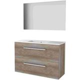 Basic-Line Badkamermeubelset - Ondiep - 100 x 39 cm - Met Grepen - 2 Lades - Keramische Wastafel - 1 Kraangat - Spiegel met Indirecte LED