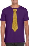 Bellatio Design Shoppartners Bv Paars fun verkleedkleding t-shirt - met stropdas - in glitter goud - heren - korte mouwen - carnaval - vip - glamour L
