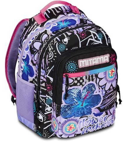 Mitama Rugzak met drievoudig compartiment Flower Fashion met voorvak, paars en zwart, basisschool en vrije tijd, meisjes, Paars, Eén maat, Rugzak
