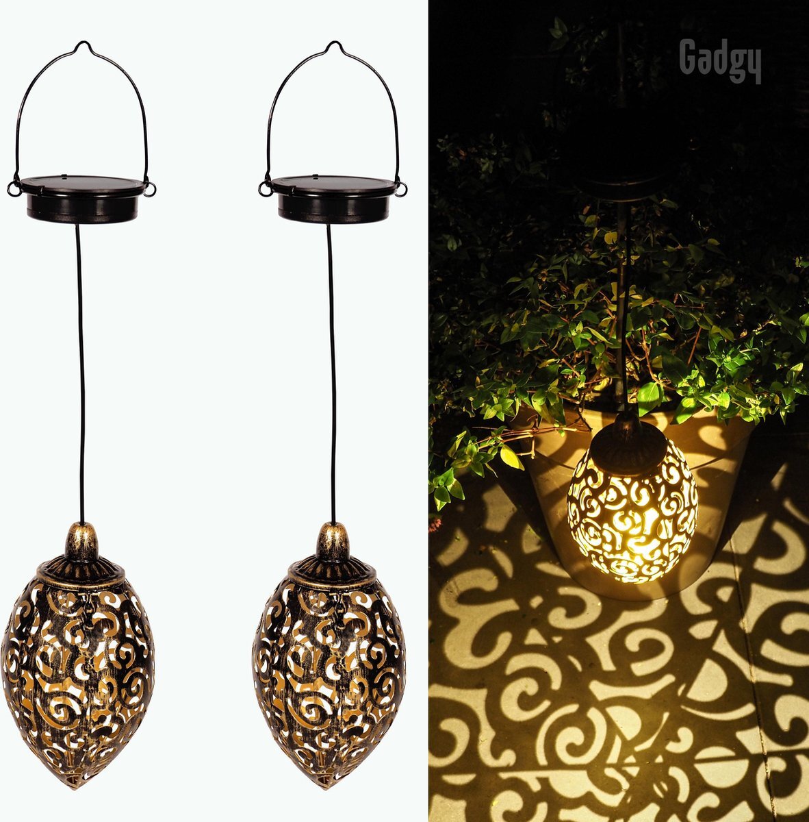 Gadgy Solar Hangende Oosterse Lantaarn set 2st. – Donker Brons/Goud – Metaal - Solar tuinverlichting op zonneenergie – Led buitenverlichting met dag/nacht sensor - Tuinlantaarn