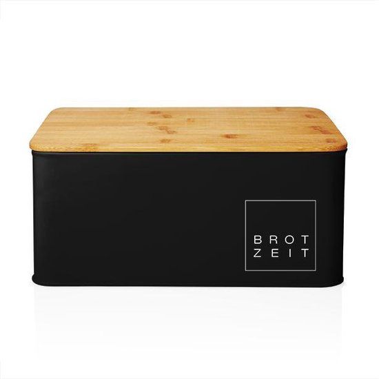 Lumaland Cuisine Broodtrommel - Metaal met Bamboe Deksel - Zwart - 30.5 x 23.5 x 14 cm