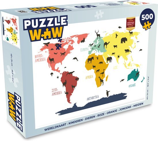 MuchoWow Puzzel Wereldkaart - Kinderen - Dieren - Kleuren - Legpuzzel - Puzzel 500 stukjes