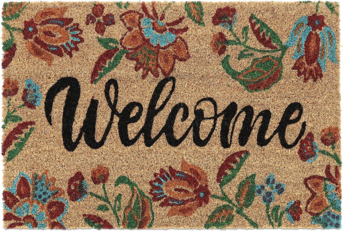 Relaxdays deurmat kokos - schoonloopmat 40x60 cm - kokosmat Welcome - voetmat met bloemen