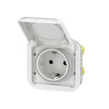 LEGRAND, Plexo 069640L Inzet stopcontact voor vochtige ruimtes, Schuko-standaard, incl. klapdeksel, aanraakbeveiliging, steekklemmen, 16A, 250 volt, IP44 - IK08 (IP55 met gesloten deksel), ultrawit