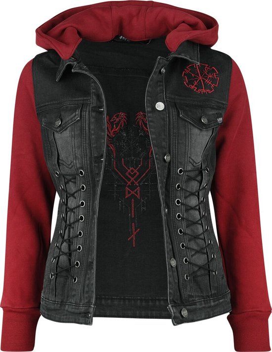Black Premium by EMP Zwart-rood spijkerjasje met afneembare capuchon en mouwen van extra zachte zweetstof - Dames - XL