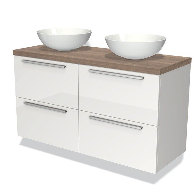 Maxaro Badkamermeubel Modulo Plato 120cm Hoogglans Wit 4 Lades Middenbruin Eiken