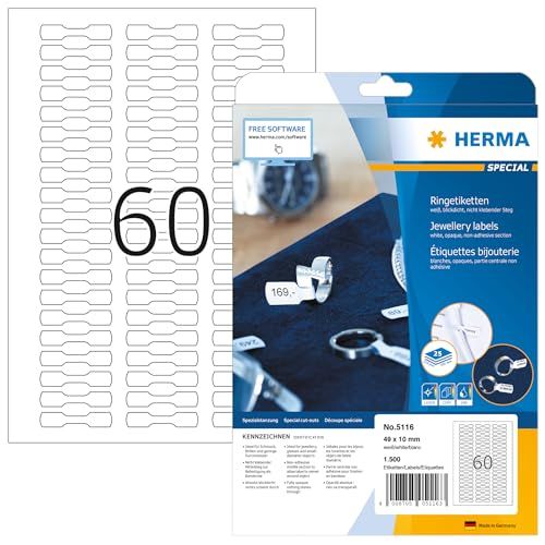 HERMA 5116 prijse etiketten A4 ondoor (49 x 10 mm, 25 velles, papier, mat) zelfklevend, bedrukbaar, extreme sterk klevende ringetiketten, 1500 etiketten voor printer, wit