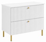 3xE living Meuble sous-vasque 80 cm, blanc, pieds dorés, Bello | 80 x 44,4 x 73,6 cm, 2 tiroirs, plan blanc pour vasque à poser, pieds dorés 15 cm, poignées dorées