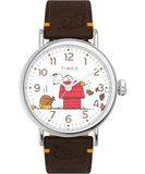 Timex Peanuts herenhorloge 40 mm – bruine leren band met witte wijzerplaat en zilverkleurige kast TW2W44300