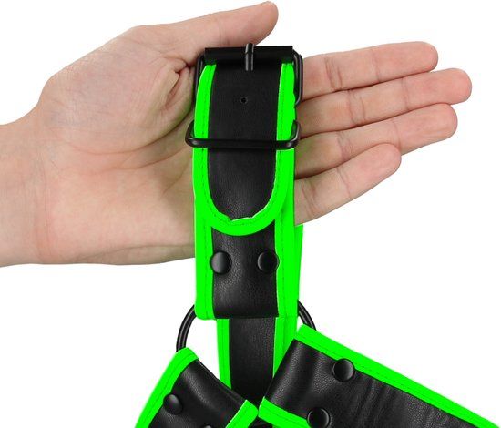 Ouch! Borst Bulldog Harnas - Glow in the Dark - Neon Groen/Zwart - S/M