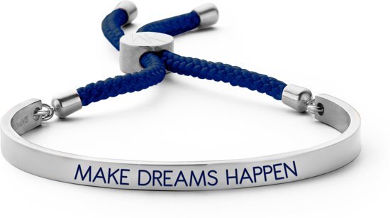 Key Moments 8KM BC 0026 Stalen Open Bangle met Tekst en Rope - make dreams happen - Grootte 58x45 mm - Zilverkleurig / Donkerblauw