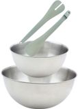Fackelmann Set van 2 RVS Slakommetjes van 20,5 cm en 25 cm diameter en kunststof saladebestek